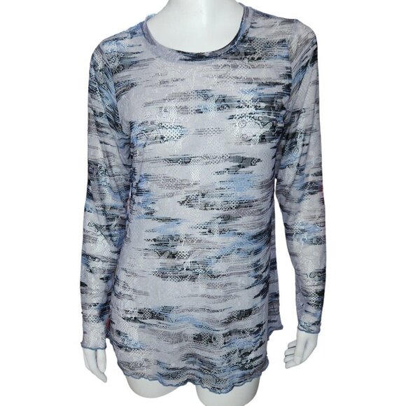 LOGO by Lori Goldstein Printed Sheer Lace Top Gray Long Sleeve Fitted Small NWT - Picture 1 of 14